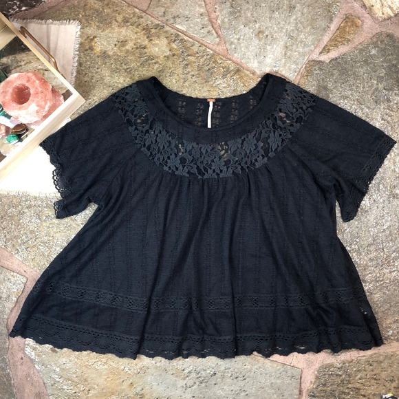 Free People Lace Panel Babydoll Peasant Top Black - Picture 1 of 8